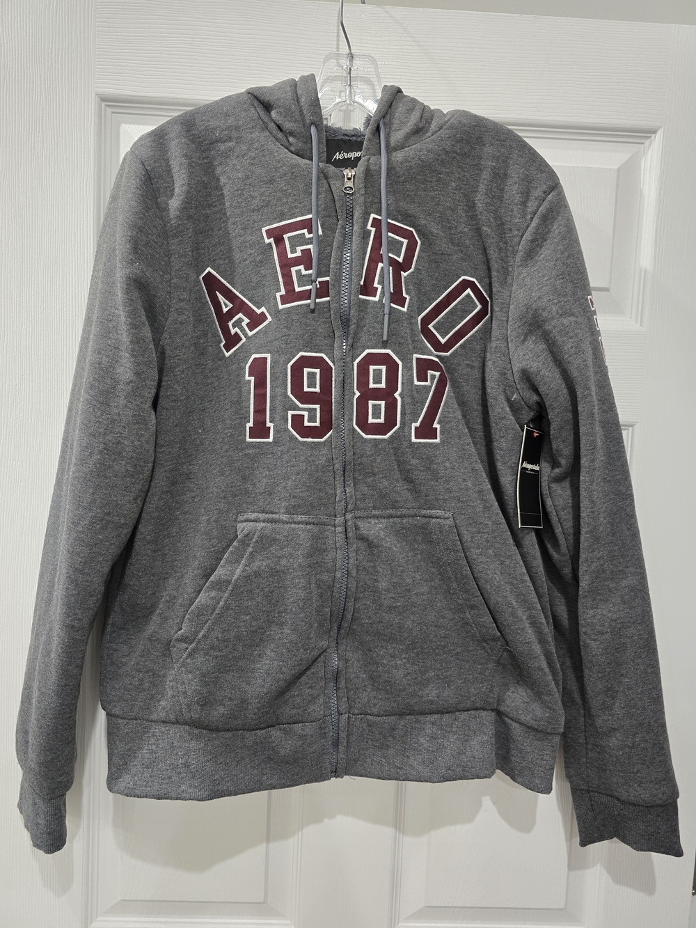 Aéropostale Gray Zip-Up Hoodie with Maroon 'AERO 1987' Men, Size L